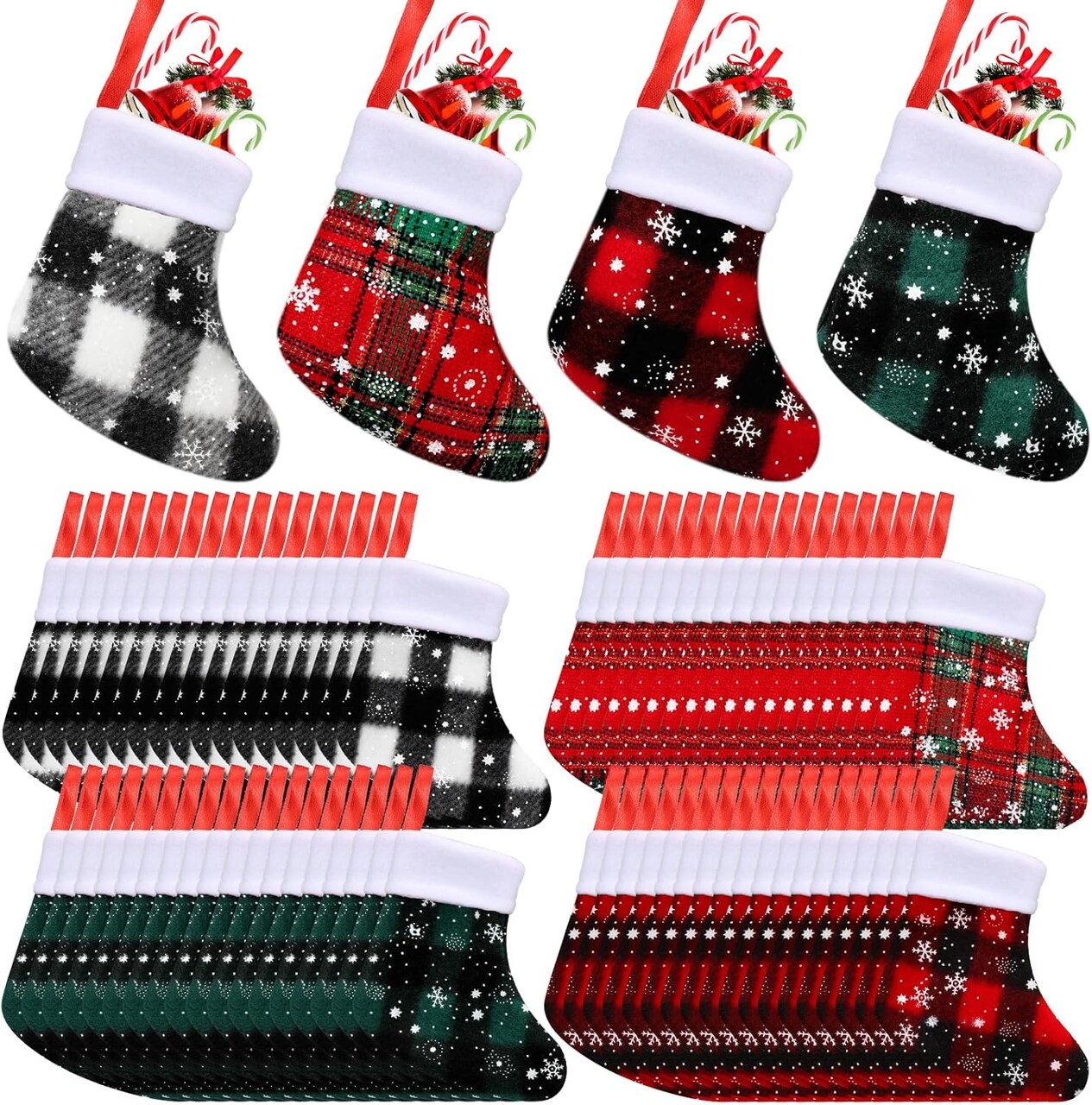 Mini Christmas Stockings Buffalo Plaid Snowflake Stockings with Plush Cuff Christmas Socks Bulk for Christmas Tree Hanging